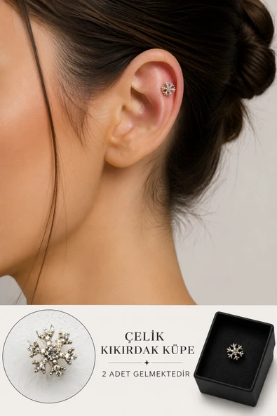2'li Zirkon Taşlı Detaylı Kıkırdak Küpe/Earcuff/Conch (Delik Gerekmez) ürün görseli 1
