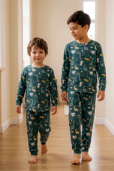 Erkek Çocuk %100 Pamuk Süprem Kumaş Uzun Kollu Mevsimlik Pijama Takımı ürün görseli 1