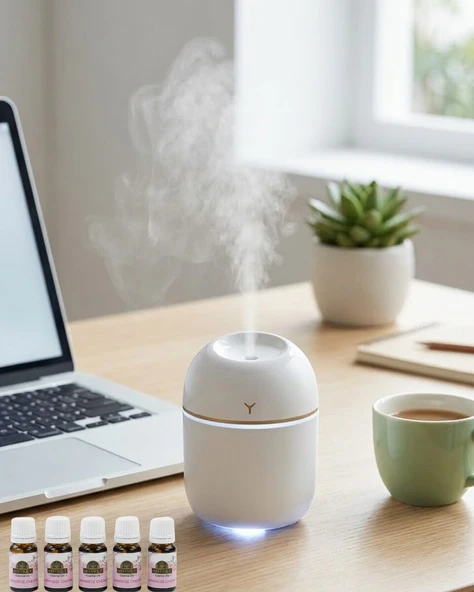 Mini Hava Nemlendirici USB Bağlantılı LED Işıklı 5 Esans Hediyeli Aromaterapi Difüzörü ürün görseli 1