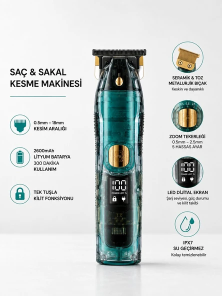 Saç ve Sakal Kesme Makinesi LED Ekranlı Profesyonel  5 Adet Uzunluk Ayarı ürün görseli 1