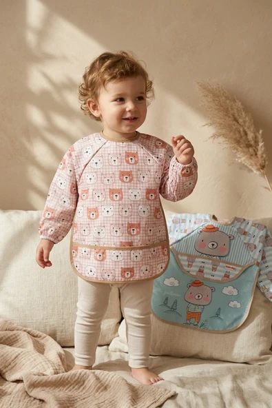 Teddy Guard Sıvı Geçirmez Uzun Kollu Bebek Mama Önlüğü 2'li Set - 6-24 Ay Leke Tutmaz Blw Uyumlu Ayıcık Desenli Mama Önlüğü ürün görseli 1