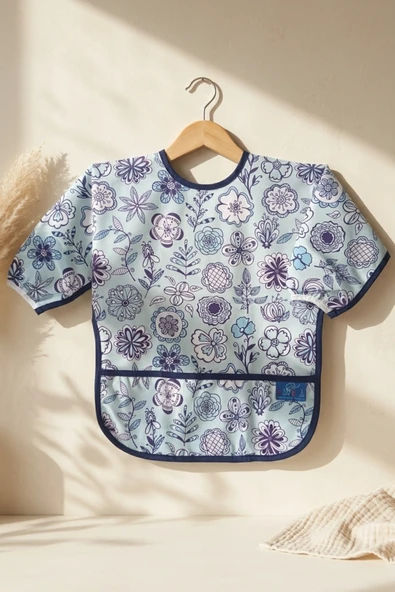 Aura Flora Sıvı Geçirmez Uzun Kollu Bebek Mama Önlüğü - Leke Tutmaz, Aktivite Ve Blw Uyumlu Mavi Çiçekli Koruyucu Önlük 6-24 Ay ürün görseli 1