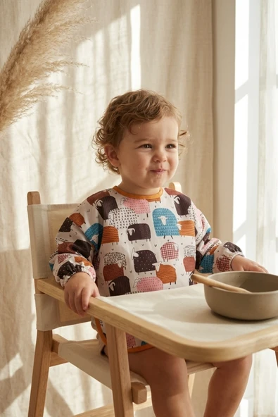 Lulu Kuzu Desenli Su Geçirmez Uzun Kollu Bebek Mama Önlüğü - Blw Uyumlu Ve Leke Tutmaz Aktivite Önlüğü 6-24 Ay ürün görseli 1