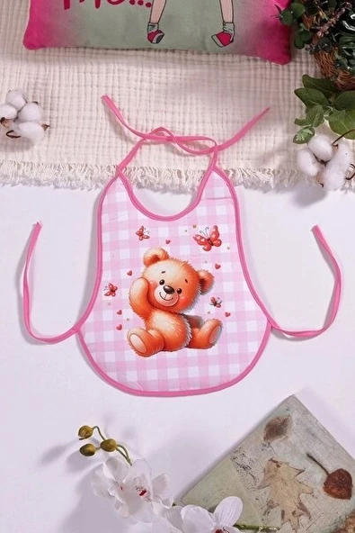 Ekose Pembe Bear Desenli Sıvı Geçirmez Armut Önlük Boyundan Ve Belden Bağlamalı 6-18 Ay ürün görseli 1