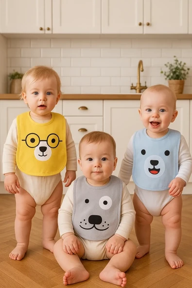 Bear Desenli 3'lü Sıvı Geçirmez Bebek Mama Önlüğü 0-18 Ay - Sarı ürün görseli 1