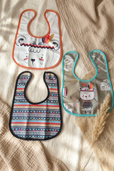 Bebek Mama Önlüğü 3'lü Set - Boho Tribal Serisi Su Geçirmez Sıvı İtici Kumaş Leke Tutmaz Çıtçıtlı Ayarlanabilir Boyun Yapısı 0-12 Ay ürün görseli 1