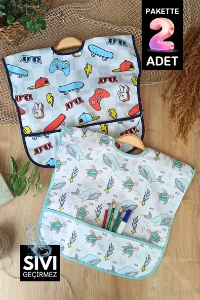 Play - Dolphin Desenli Sıvı Geçirmez Kolsuz 6-24 Ay 2'li Aktivite Ve Mama Önlüğü ürün görseli 1