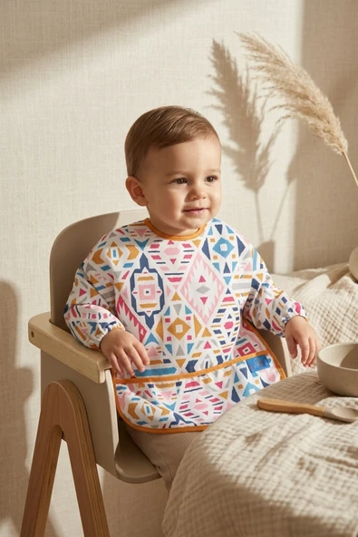 Boho Dream Etnik Desenli Sıvı Geçirmez Uzun Kollu Bebek Mama Önlüğü - Blw Uyumlu Kırıntı Cepli Mama Koruyucu 6-24 Ay ürün görseli 1