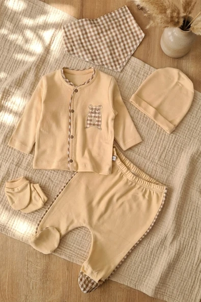 Amber Teddy Gingham 5'li Organik Pamuklu Bebek Hastane Çıkışı - Bej Ekose Detaylı Pamuk Örme Takım ürün görseli 1