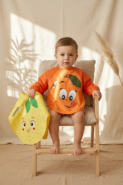 Sıvı Geçirmez Uzun Kollu Bebek Mama Önlüğü - 2'li Set 6-24 Ay Limon Ve Portakal Desenli Blw Uyumlu Yemek Önlüğü ürün görseli 1