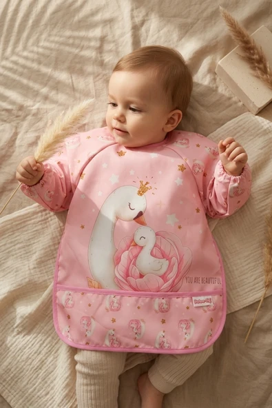 Swan Dream Toz Pembe Sıvı Geçirmez Kollu Bebek Mama Önlüğü - Blw Uyumlu Leke Tutmaz Ek Gıda Önlüğü 6-24 Ay ürün görseli 1