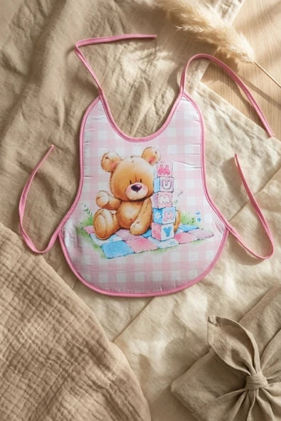 Ekose Pembe Bear Desenli Sıvı Geçirmez Armut Önlük Boyundan Ve Belden Bağlamalı 6-18 Ay ürün görseli 1