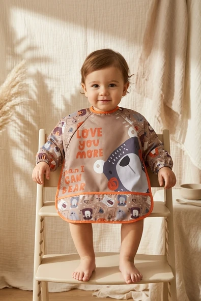 Tribal Bear Serisi Sıvı Geçirmez Uzun Kollu Bebek Mama Ve Etkinlik Önlüğü - Boho Tasarım Kırıntı Cepli Smock 6-24 Ay ürün görseli 1