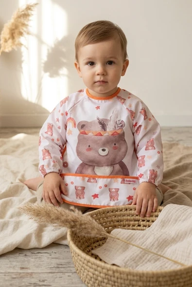 Bery Boho Sıvı Geçirmez Uzun Kollu Bebek Mama Önlüğü - Boho Ayıcık Desenli, Cepli Ve Leke Tutmaz Blw Önlüğü 6-24 ürün görseli 1