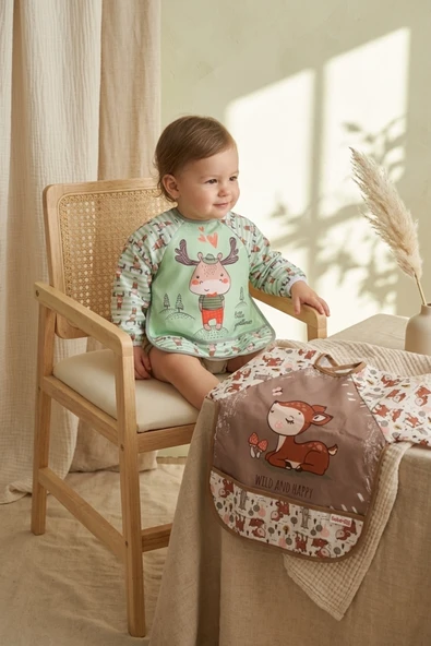 Bambino Su Geçirmez Uzun Kollu Leke Tutmaz Bebek Mama Önlüğü 2'li Set - Blw Uyumlu Orman Dostları Serisi ürün görseli 1