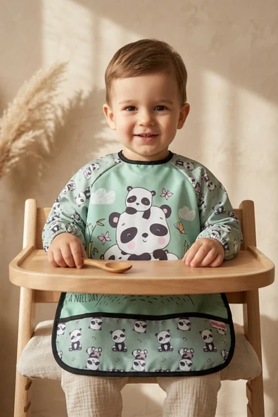 Panda Desenli Sıvı Geçirmez Kollu Mama Önlüğü 6-24 Ay - Blw Uyumlu, Leke Tutmayan Bebek Etkinlik Önlüğü ürün görseli 1