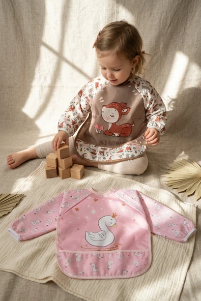 Bloom 2'li Paket Sıvı Geçirmez Uzun Kollu Bebek Mama Önlüğü -6-24 Ay Pembe Kuğu Ve Ceylan Desenli Blw Önlük Seti ürün görseli 1
