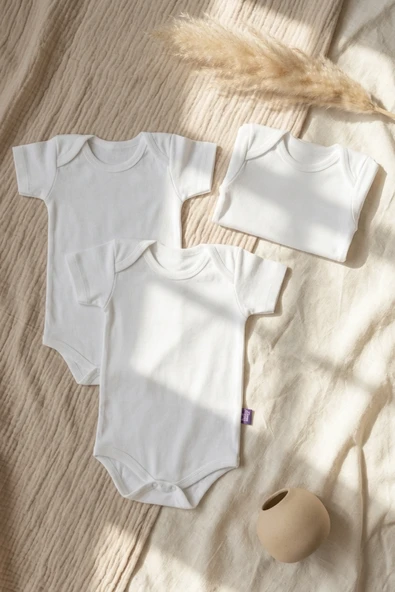 3'lü Paket %100 Pamuklu Beyaz Kısa Kollu Bebek Body Takımı - Antialerjik Yumuşak Dokulu Zıbın Seti ürün görseli 1