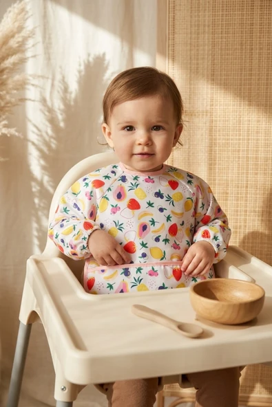 Berrybright Tropikal Meyve Desenli Su Geçirmez Cepli Kollu Bebek Mama Önlüğü - Blw Uyumlu Leke Tutmaz Aktivite Önlüğü 6-24 Ay ürün görseli 1
