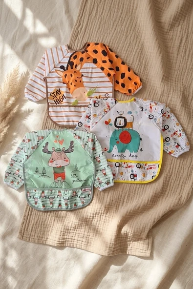 3'lü Sıvı Geçirmez Uzun Kollu Bebek Mama Önlüğü - Blw Uyumlu, Leke Tutmaz, Kırıntı Cepli Ek Gıda Önlüğü Seti ürün görseli 1