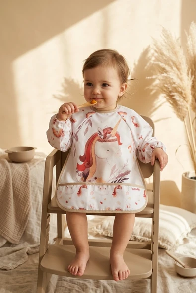 Aura Unicorn Desenli Sıvı Geçirmez Uzun Kollu Bebek Mama Önlüğü - Blw Uyumlu, Kırıntı Cepli Ve Leke Tutmaz Aktivite Önlüğü 6-24 Ay ürün görseli 1