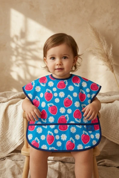 Berry Joy Sıvı Geçirmez Cepli Bebek Mama Önlüğü - Mavi Çilek Ve Papatya Desenli, Leke Tutmaz Ek Gıda Önlüğü 6-24 Ay ürün görseli 1