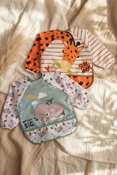 Bambini Su Geçirmez Uzun Kollu Mama Önlüğü 2'li Set - Leke Tutmaz, Cepli Ek Gıda Ve Aktivite Önlüğü (zürafa & Koala) 6-24 Ay ürün görseli 1