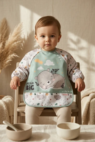 Tinybear Dream Big Su Geçirmez Uzun Kollu Mama Önlüğü - Mint Yeşili Blw Uyumlu Bebek Ek Gıda Önlüğü 6-24 Ay ürün görseli 1