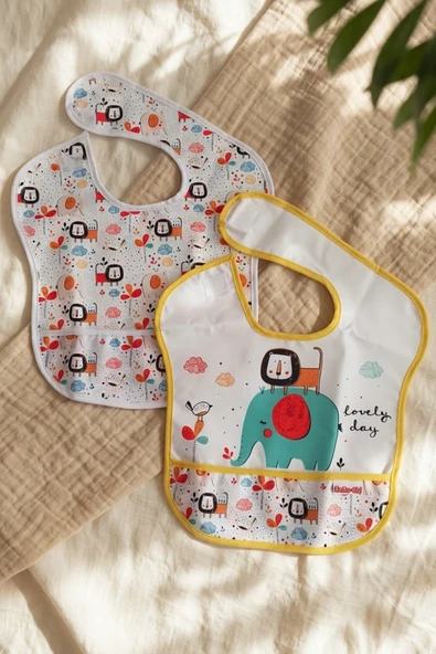 Safari Bliss 2'li Su Geçirmez Cepli Bebek Mama Önlüğü - Leke Tutmaz Silinebilir Safari Desenli Mama Önlüğü Seti 0-12 Ay ürün görseli 1