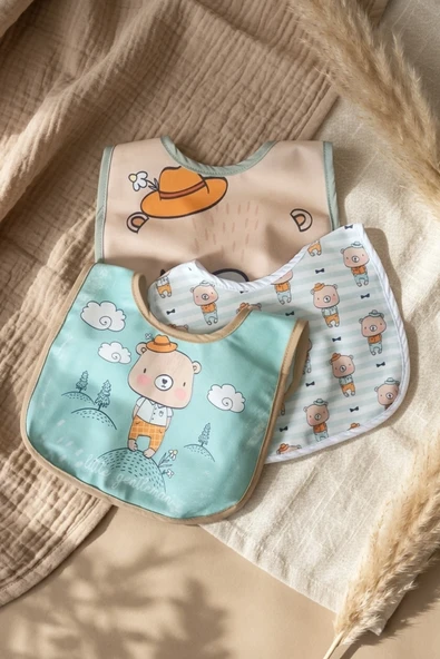 Little Gentleman Serisi 3'lü Lüks Pamuklu Bebek Mama Önlüğü - Mint Yeşili Ve Bej Ayıcık Desenli Sıvı Geçirmez Ayarlanabilir Çıtçıtlı Set 0-12 Ay ürün görseli 1