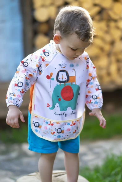 Safari Desenli Sıvı Geçirmez Unisex Uzun Kollu Aktivite Ve Mama Önlüğü 6-24 Ay ürün görseli 1