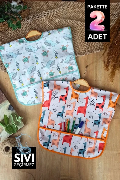 Graffe- Dolphin Desenli Sıvı Geçirmez Kolsuz 6-24 Ay 2'li Aktivite Ve Mama Önlüğü ürün görseli 1