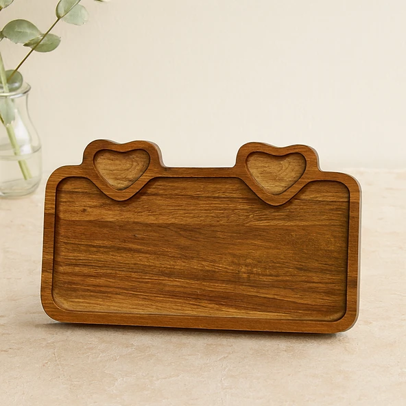 Akasya Ahşap Servis Tepsisi 25X14 Cm (Kulplu, Kalp Bölmeli) ürün görseli 1