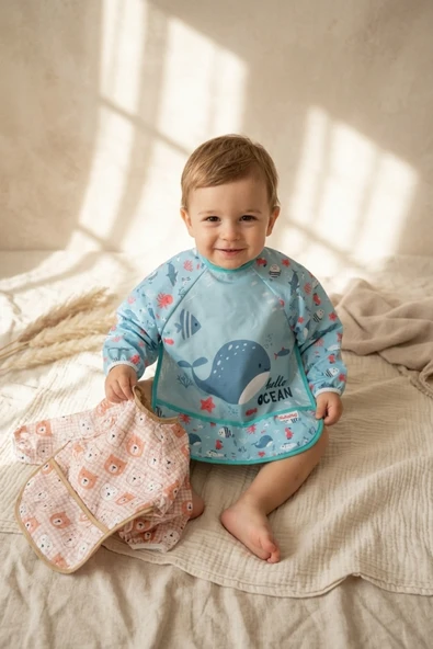 Tinyjoy Su Geçirmez Uzun Kollu Mama Önlüğü Seti 6-24 Ay - 2'li Paket Ayıcık Ve Balina Desenli Leke Tutmaz Blw Önlüğü ürün görseli 1