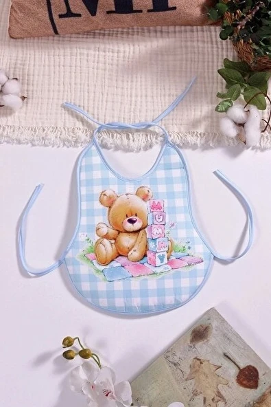 Ekose Mavi Bear Desenli Sıvı Geçirmez Armut Önlük Boyundan Ve Belden Bağlamalı6-18 Ay ürün görseli 1
