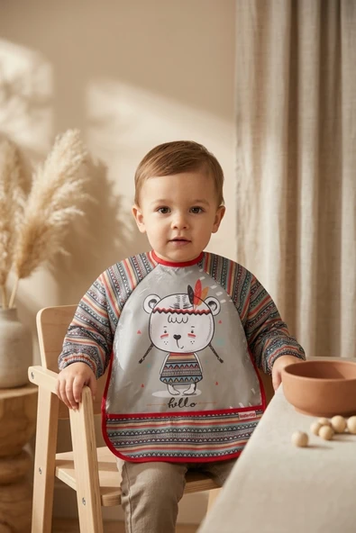 Tribal Bear Serisi Sıvı Geçirmez Uzun Kollu Bebek Mama Ve Etkinlik Önlüğü - Boho Tasarım Kırıntı Cepli Smock 6-24 Ay ürün görseli 1