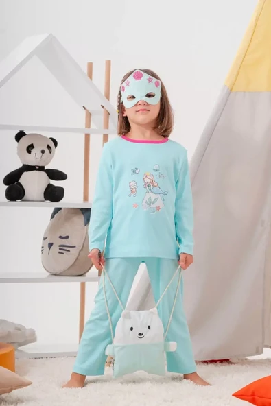 Deniz Kızı Desenli Çanta Ve Maskeli % 100 Pamuk Kız Çocuk Pijama Takımı ürün görseli 1