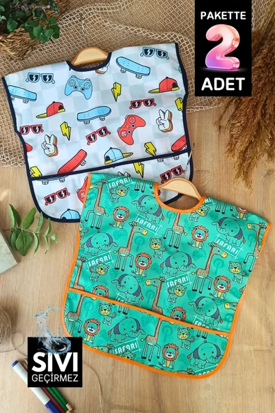 Play Safari Desenli Sıvı Geçirmez Kolsuz 6-24 Ay 2'li Aktivite Ve Mama Önlüğü ürün görseli 1