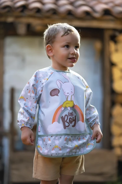 Tavşan Desenli Sıvı Geçirmez Uzun Kollu Unisex Bebek Mama Ve Aktivite Önlüğü 6-24 Ay ürün görseli 1