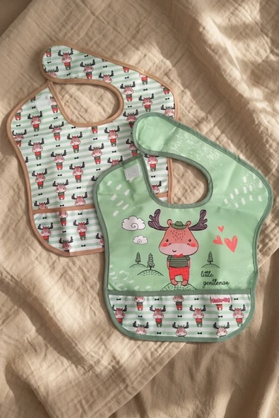 Bebe-sty 2'li Paket Sıvı Geçirmez Cepli Bebek Mama Önlüğü - Yeşil Geyik Figürlü Little Gentleman Tasarımı 0-12 Ay ürün görseli 1