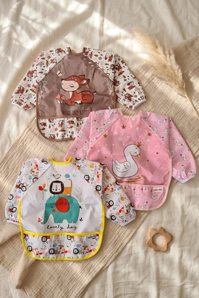 3'lü Sıvı Geçirmez Uzun Kollu Bebek Mama Önlüğü - Blw Uyumlu, Leke Tutmaz, Kırıntı Cepli Ek Gıda Önlüğü Seti ürün görseli 1