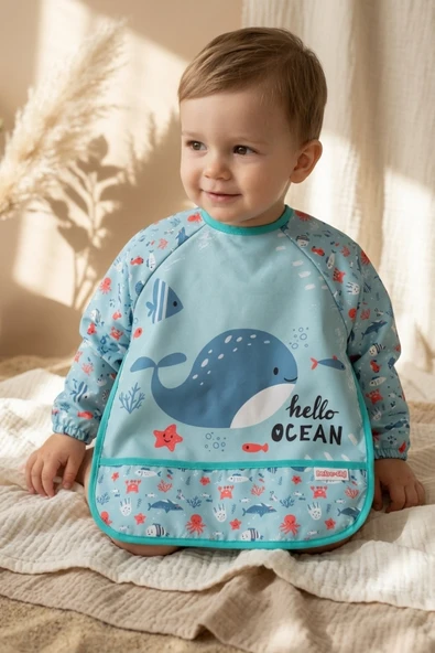 Marino Ocean Leke Tutmaz Sıvı Geçirmez Uzun Kollu Bebek Mama Önlüğü - Mavi Balina Desenli Blw Ve Faaliyet Önlüğü 6-24 Ay ürün görseli 1