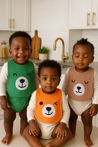 Bear Desenli 3'lü Sıvı Geçirmez Bebek Mama Önlüğü 0-18 Ay - Turuncu ürün görseli 1