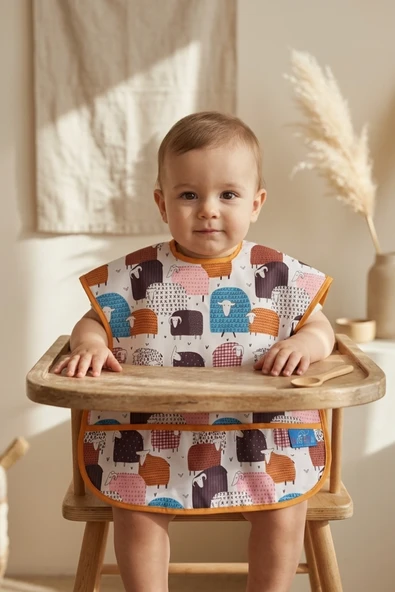 Woolyjoy Renkli Koyun Desenli Leke Tutmaz Sıvı Geçirmez Cepli Bebek Mama Önlüğü - Blw Uyumlu Kolsuz Smock 6-24 Ay ürün görseli 1