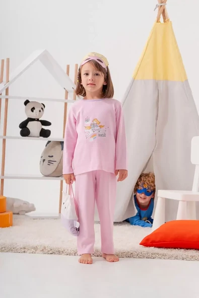 Unicorn Desenli Çanta Ve Maskeli % 100 Pamuk Kız Çocuk Pijama Takımı ürün görseli 1