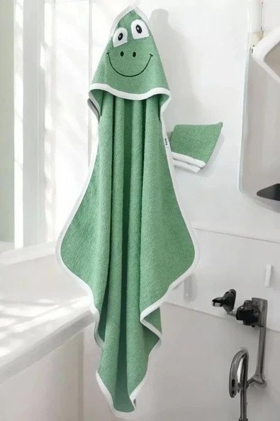 Kurbağa Nakışlı Unisex Şapka Ve Keseli Bebek Banyo Havlusu ürün görseli 1