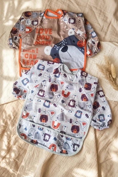 Bubu Bear 2'li Set Uzun Kollu Su Geçirmez Bebek Mama Önlüğü - Ayıcık Desenli Leke Tutmaz Blw Ve Aktivite Önlüğü 6-24 Ay ürün görseli 1