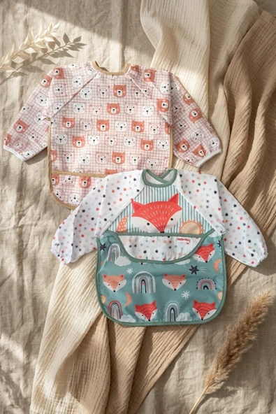 Toddlepure 2'li Set Sıvı Geçirmez Uzun Kollu Bebek Mama Önlüğü - 6-24 Ay Blw Uyumlu, Ayı Ve Tilki Desenli Faaliyet Önlüğü ürün görseli 1