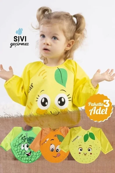 Meyve Desenli 3'lü Kollu Sıvı Geçirmez Mama Ve Aktivite Önlüğü ürün görseli 1