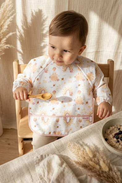 Bebek Uzun Kollu Sıvı Geçirmez Mama Önlüğü - Leke Tutmaz Blw Önlüğü - Gökkuşağı Ve Arı Desenli Fonksiyonel Bebek Önlüğü 6-24 Ay ürün görseli 1